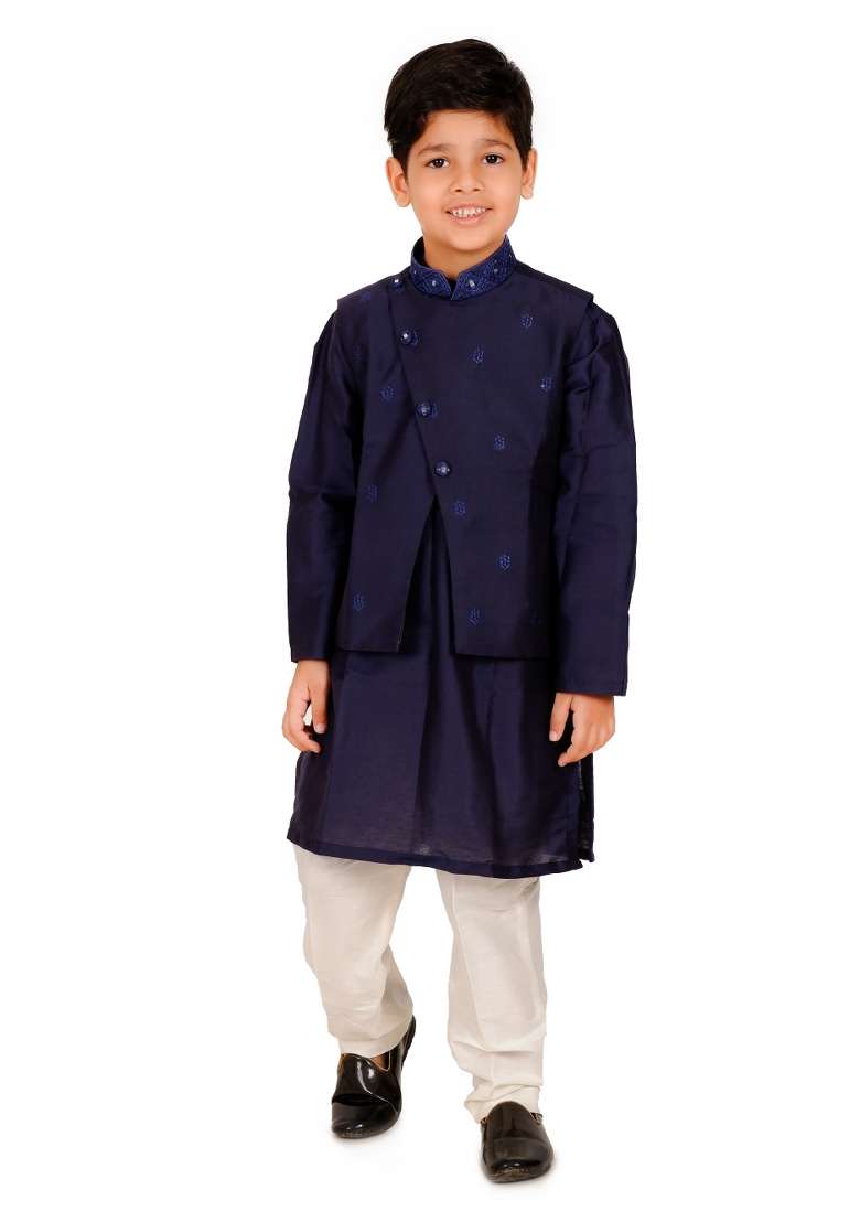 Navy Blue Embroidery Silk Jacket For Boys - Indya