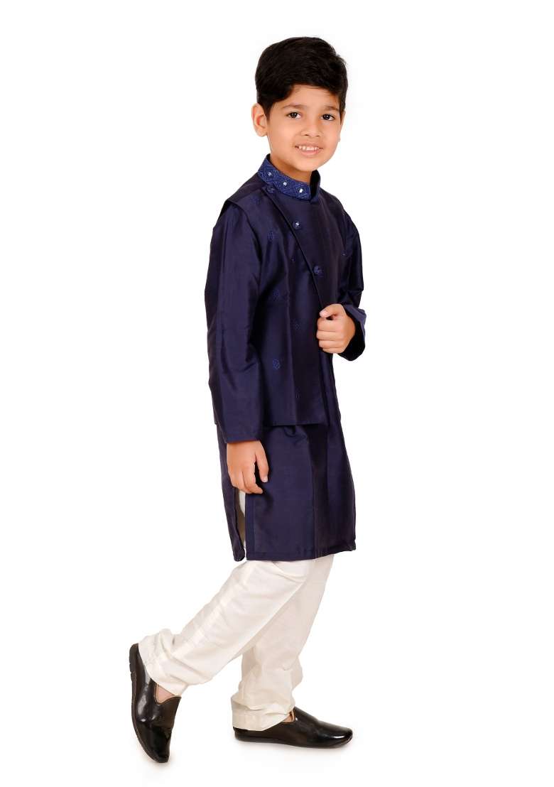 Navy Blue Embroidery Silk Jacket For Boys - Indya