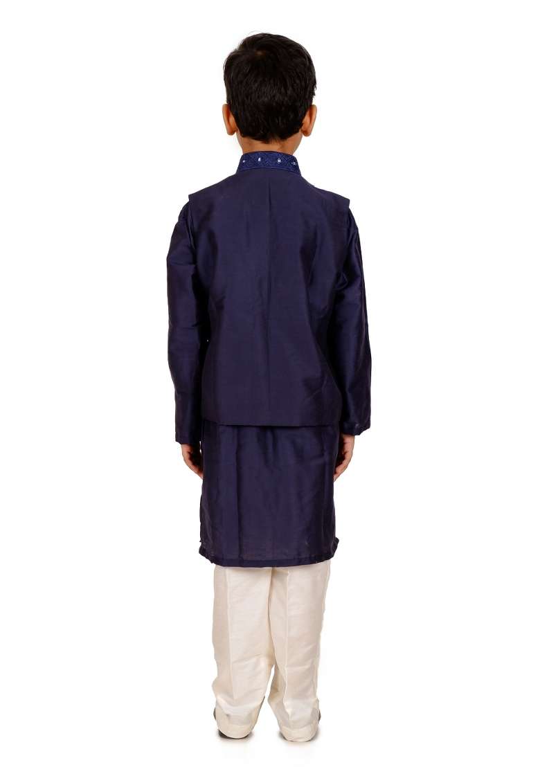 Navy Blue Embroidery Silk Jacket For Boys - Indya