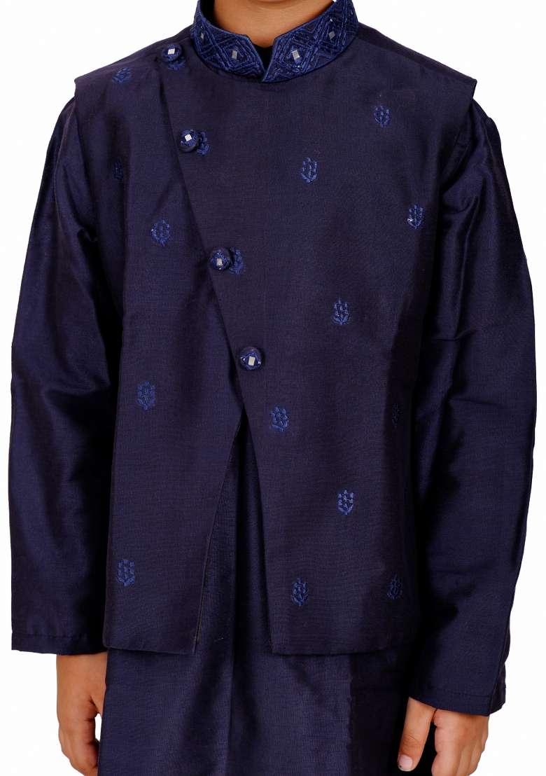 Navy Blue Embroidery Silk Jacket For Boys - Indya