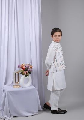 Ivory Embroidery Cotton Kurta Set For Boys