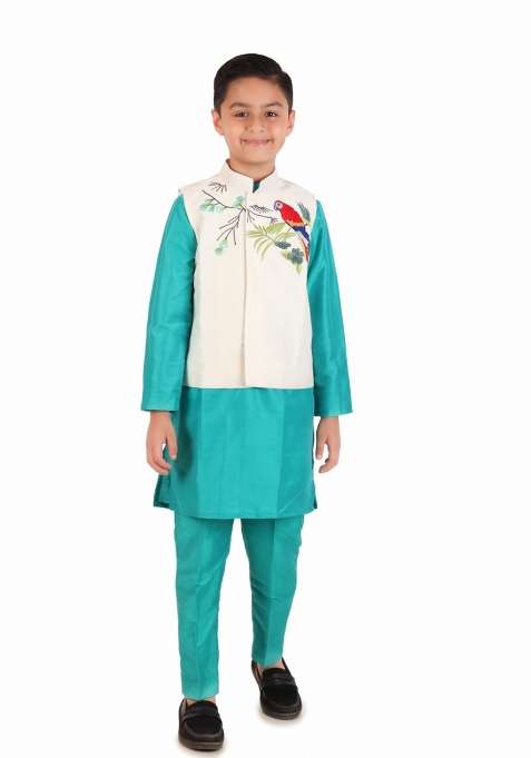 Forest Green Embroidery Cotton Kurta Set For Boys