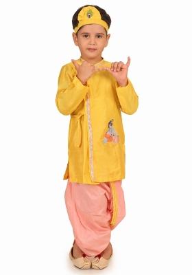 Yellow Embroidery Cotton Kurta Set For Boys