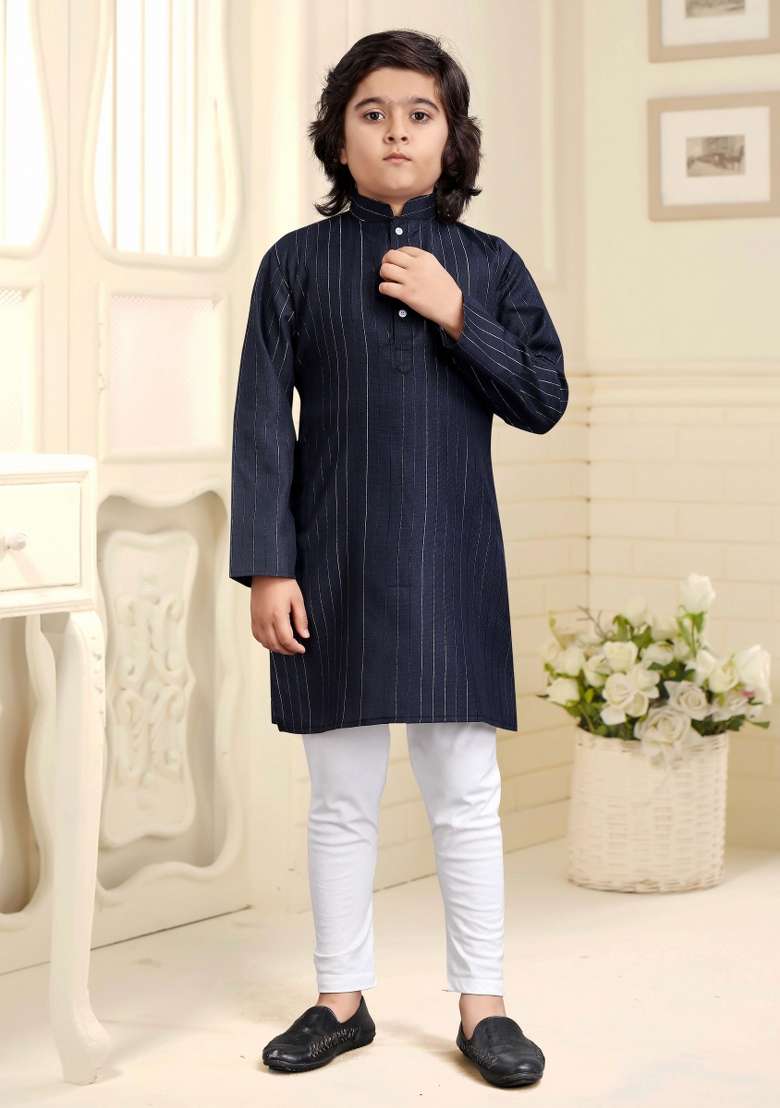 Navy Blue Embroidered Cotton Kurta With Pyjama For Boys - Indya