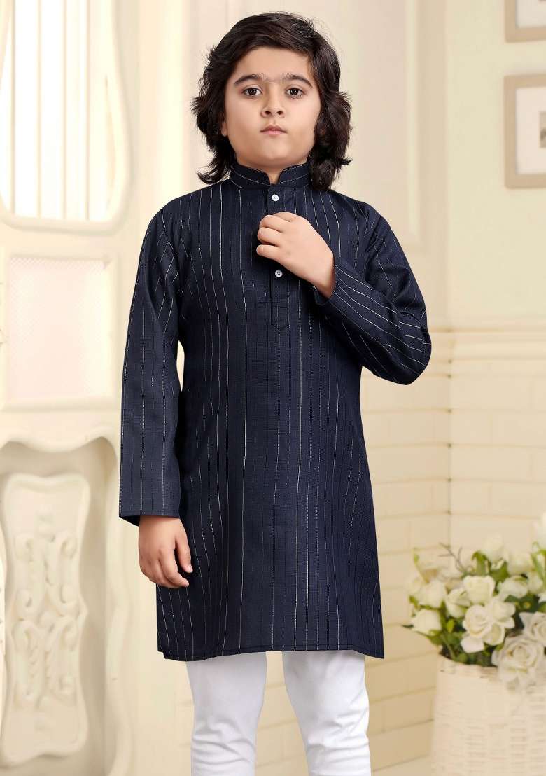 Navy Blue Embroidered Cotton Kurta With Pyjama For Boys - Indya