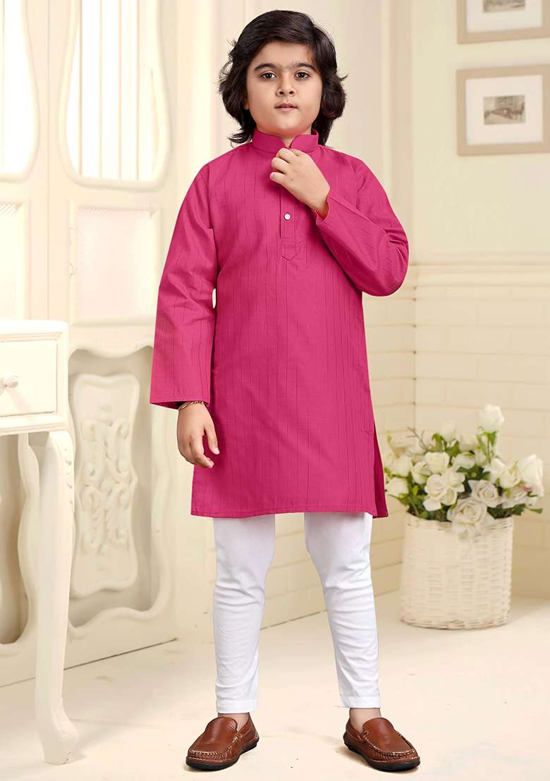 Pink Embroidered Cotton Kurta With Pyjama For Boys - Indya