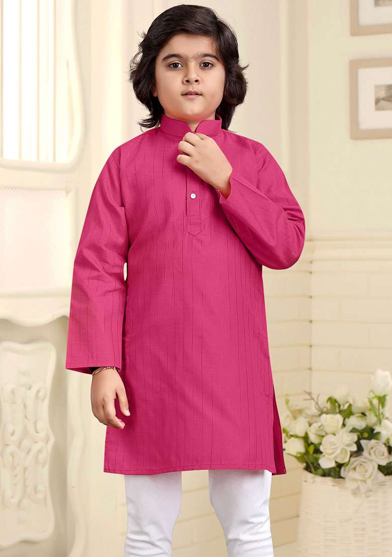 Pink Embroidered Cotton Kurta With Pyjama For Boys - Indya