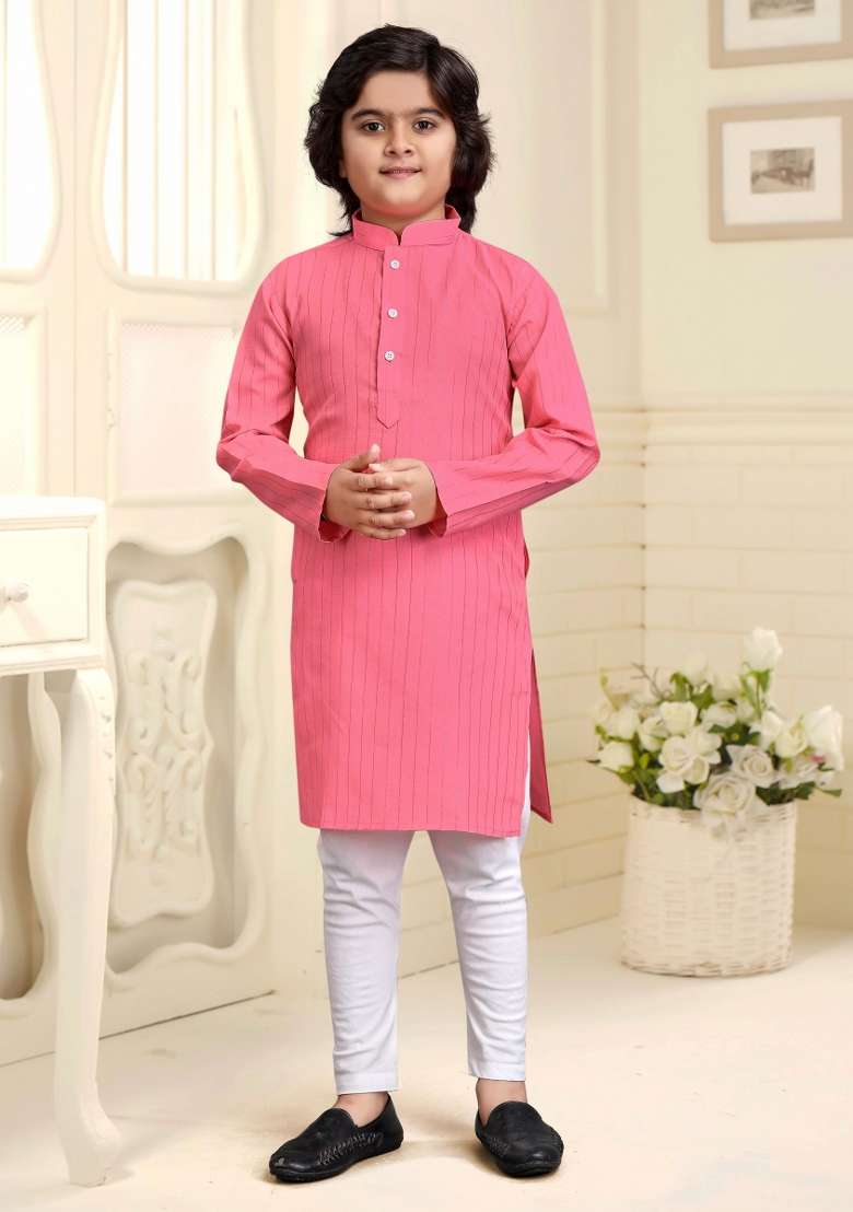 Light Pink Embroidered Cotton Kurta With Pyjama For Boys - Indya