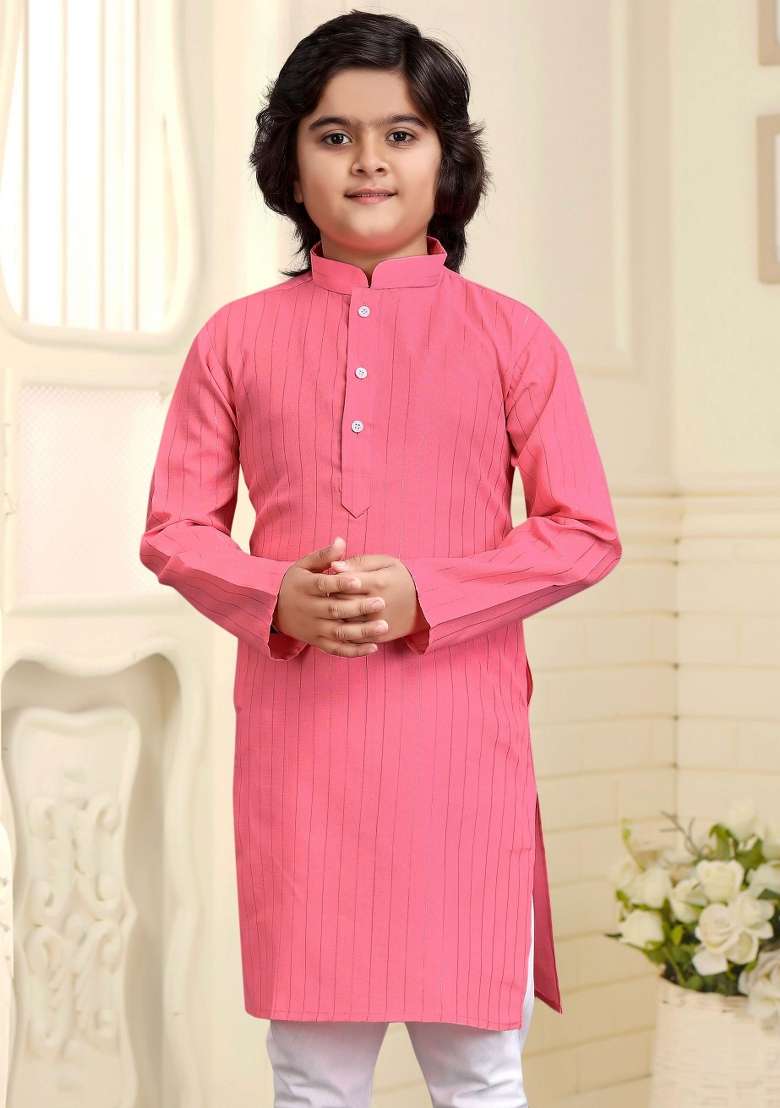 Light Pink Embroidered Cotton Kurta With Pyjama For Boys - Indya