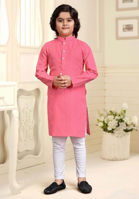 Light Pink Embroidered Cotton Kurta With Pyjama For Boys