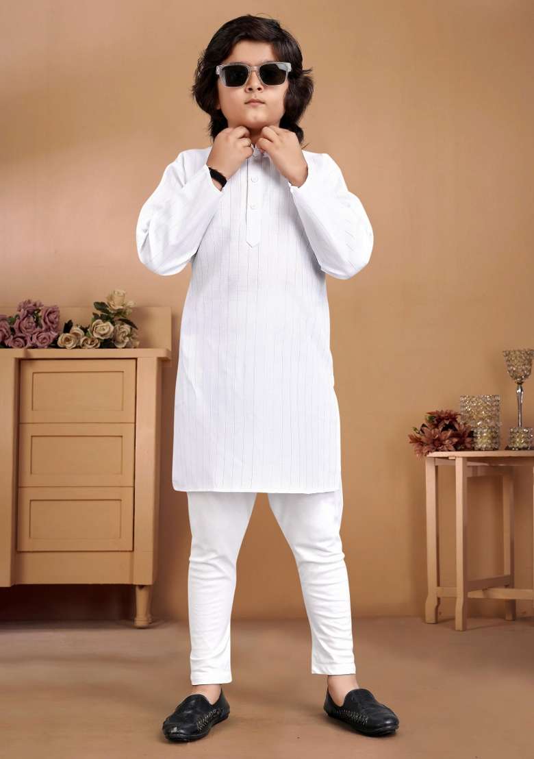 White Embroidered Cotton Kurta With Pyjama For Boys - Indya