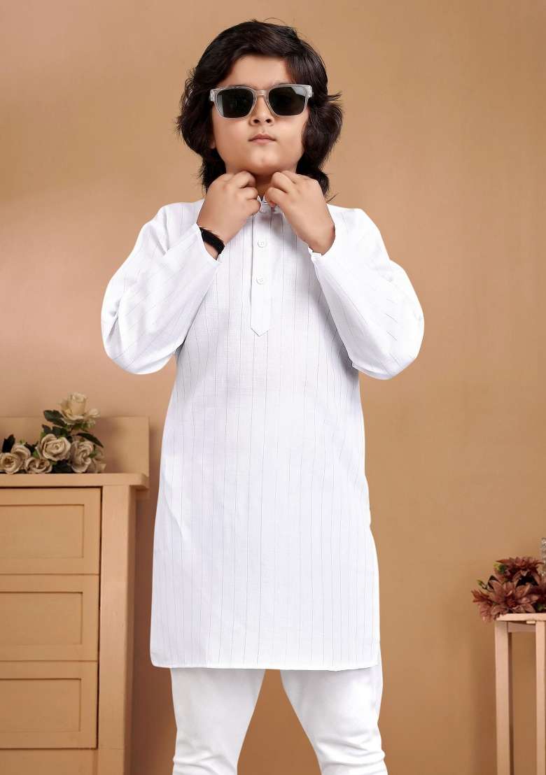 White Embroidered Cotton Kurta With Pyjama For Boys - Indya