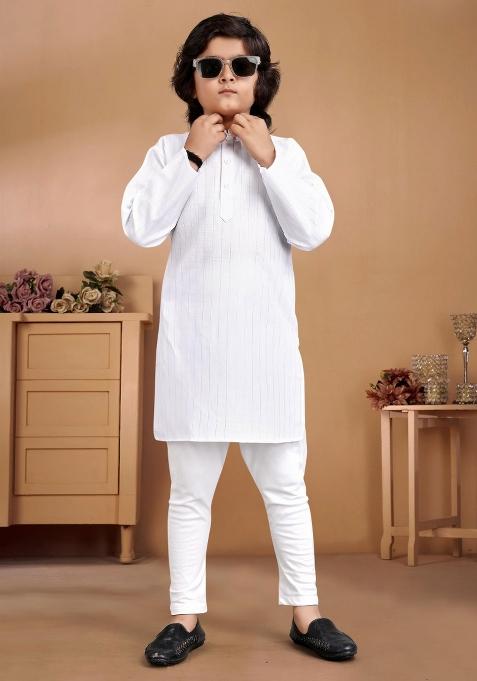 White Embroidered Cotton Kurta With Pyjama For Boys