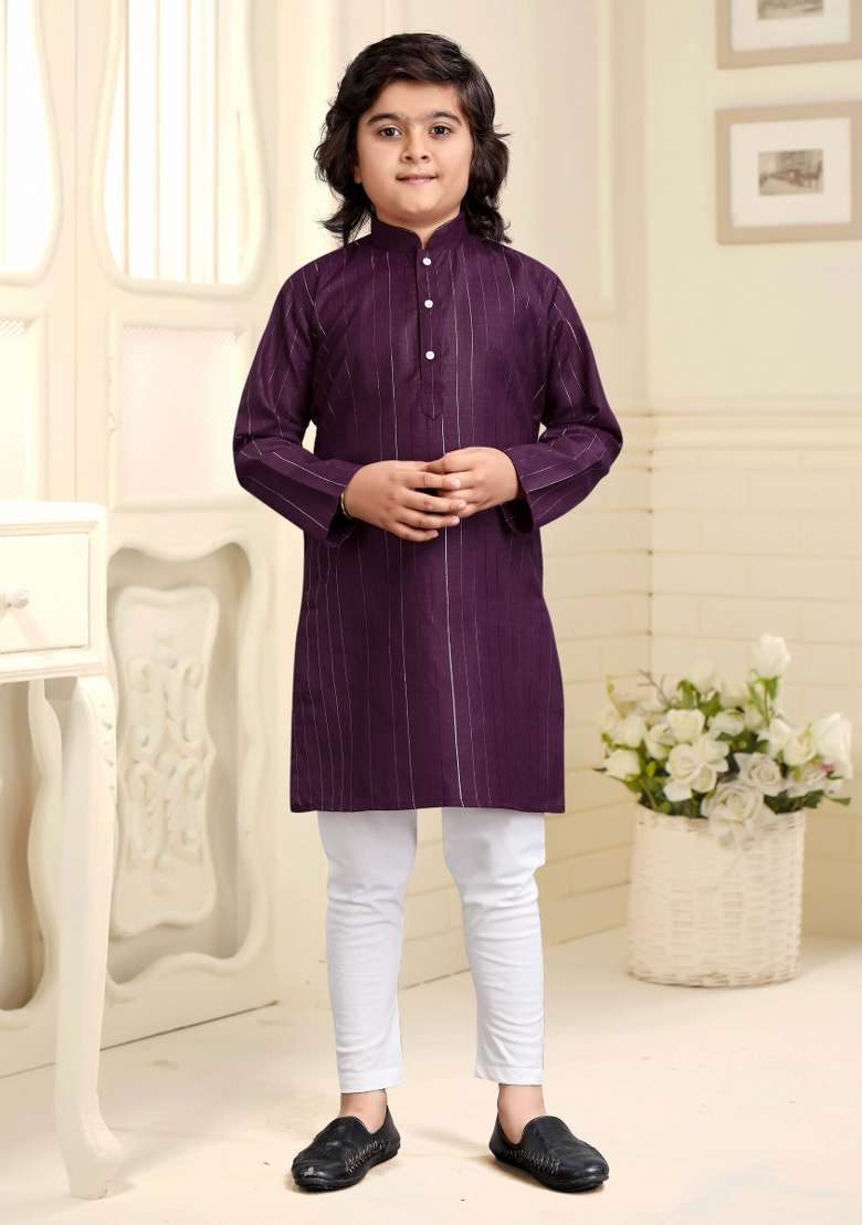 Wine Embroidered Cotton Kurta With Pyjama For Boys - Indya