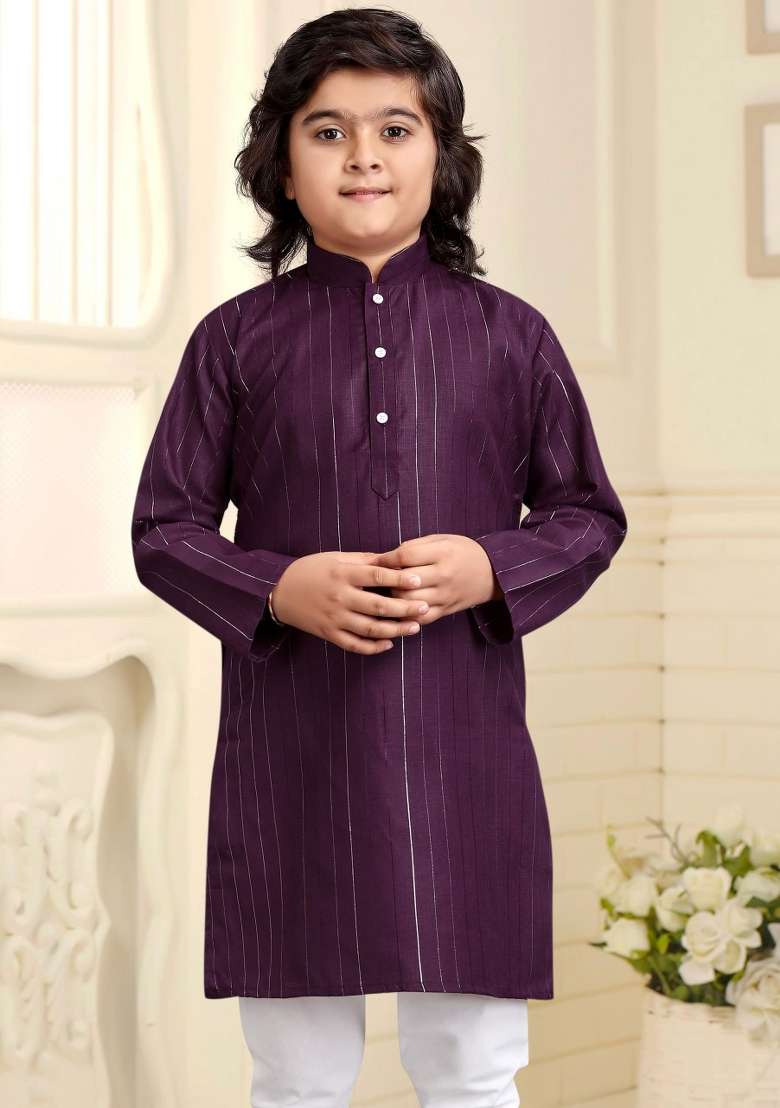 Wine Embroidered Cotton Kurta With Pyjama For Boys - Indya