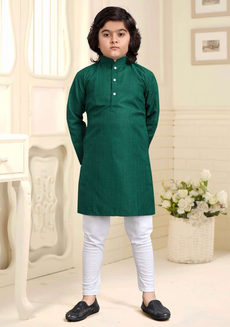 Green Embroidered Cotton Kurta With Pyjama For Boys - Indya