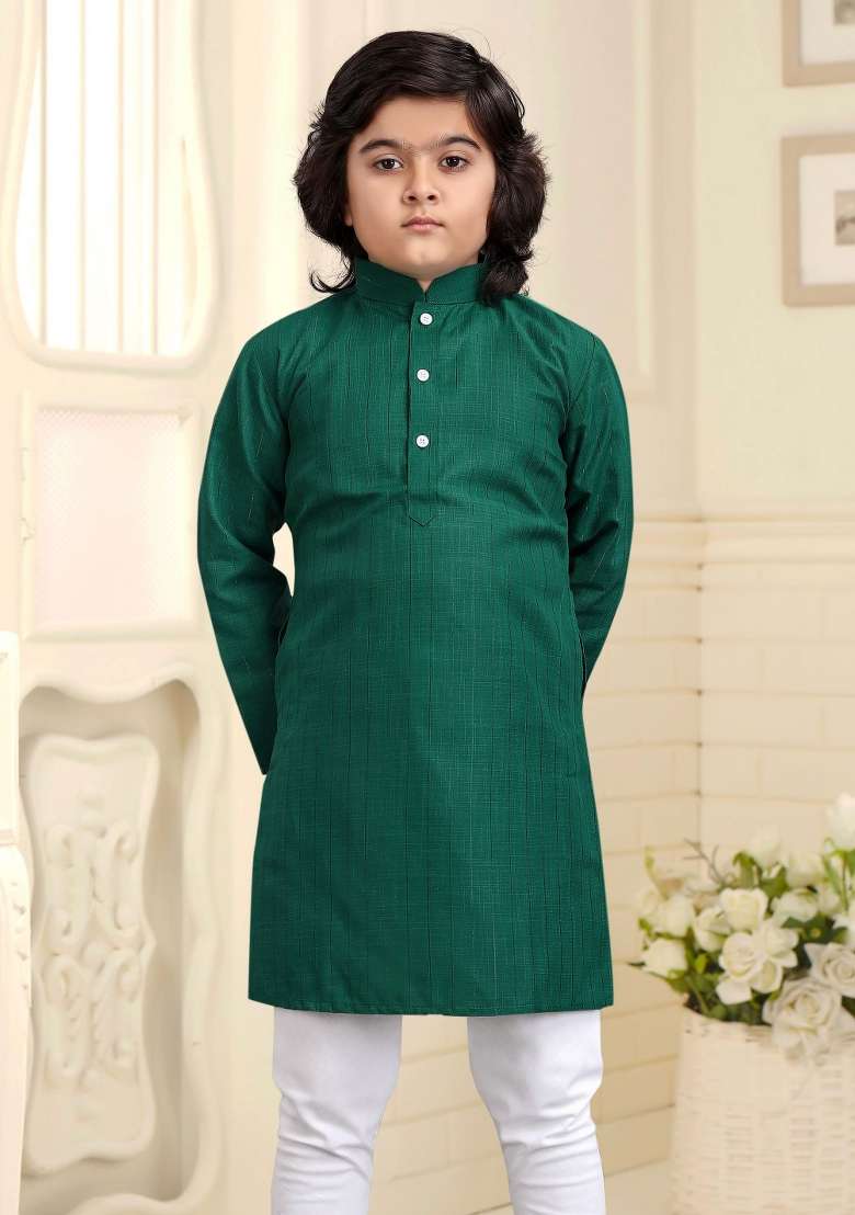 Green Embroidered Cotton Kurta With Pyjama For Boys - Indya