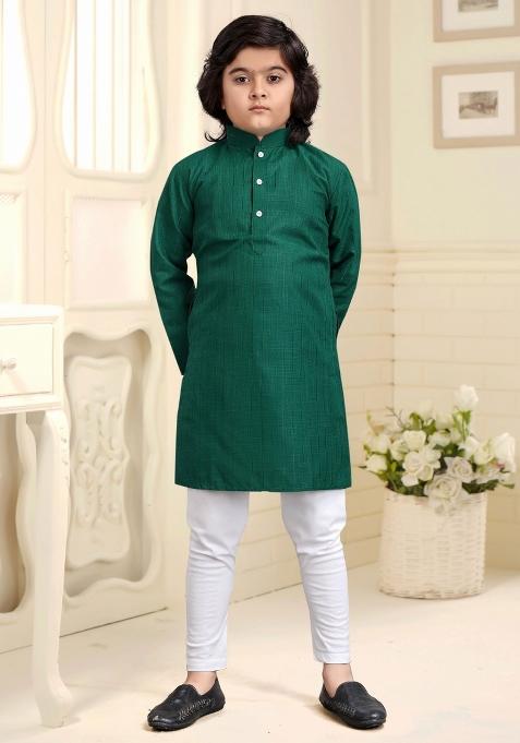 Green Embroidered Cotton Kurta With Pyjama For Boys