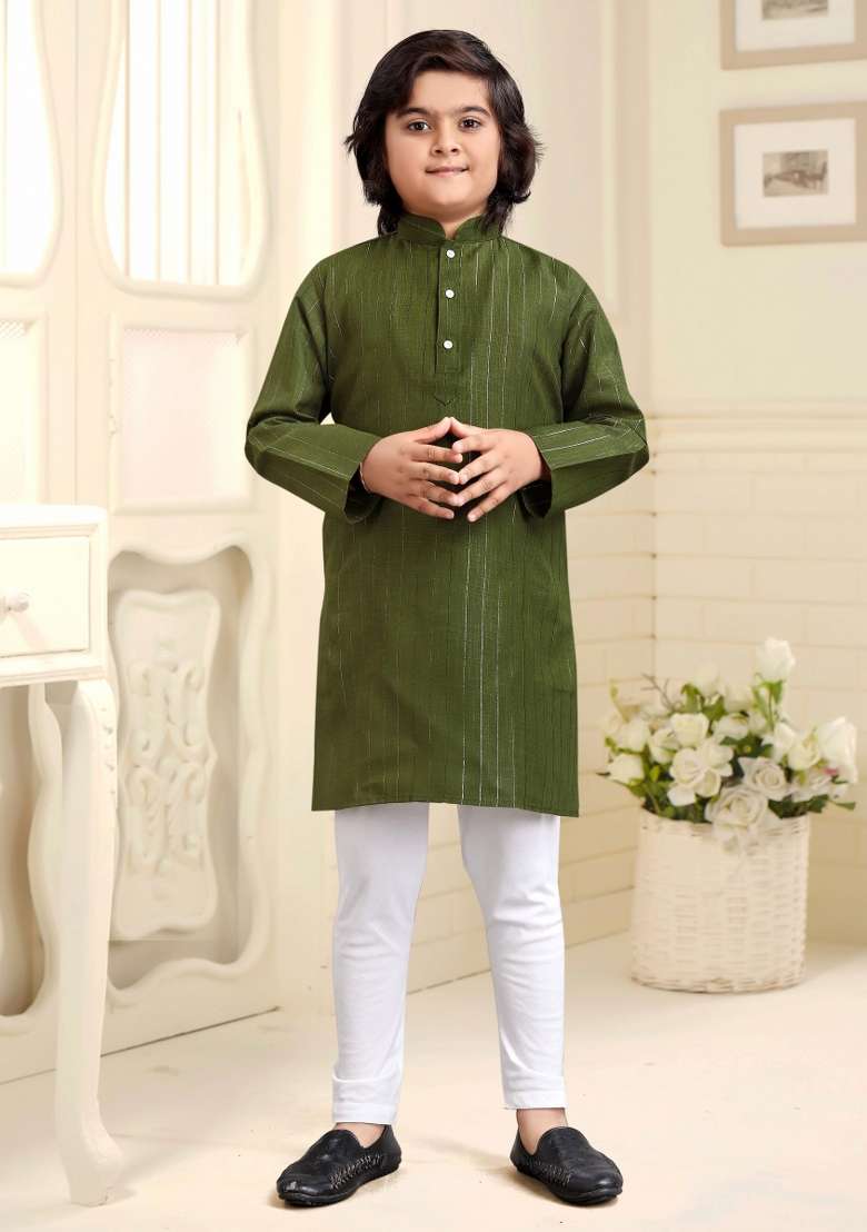 Olive Embroidered Cotton Kurta With Pyjama For Boys - Indya