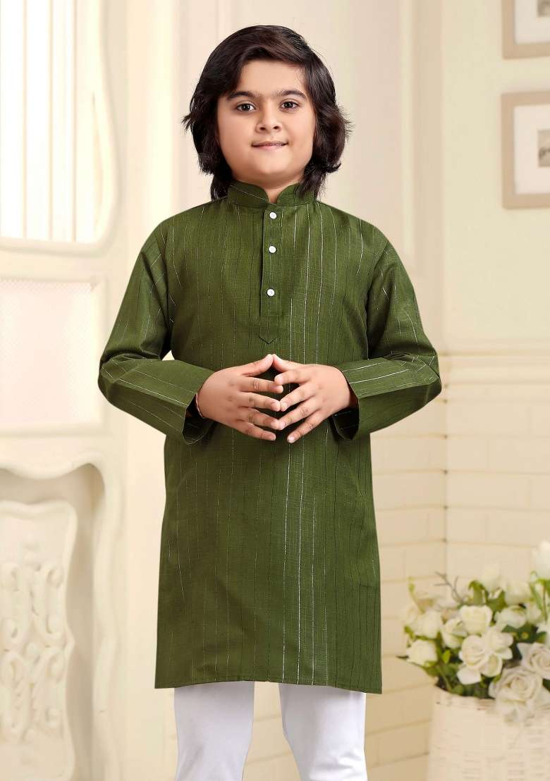 Olive Embroidered Cotton Kurta With Pyjama For Boys - Indya