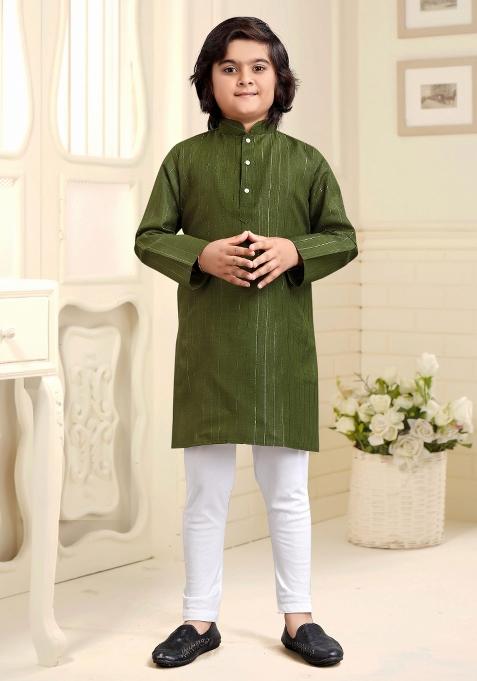 Olive Embroidered Cotton Kurta With Pyjama For Boys