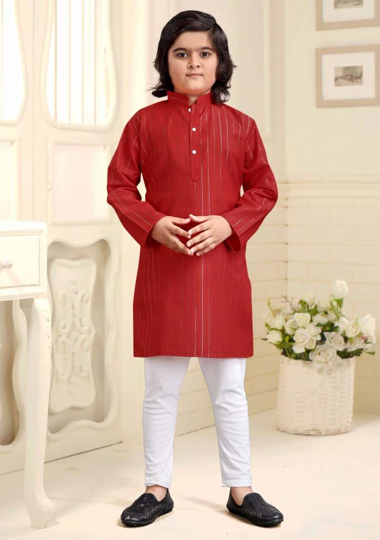 Red Embroidered Cotton Kurta With Pyjama For Boys - Indya