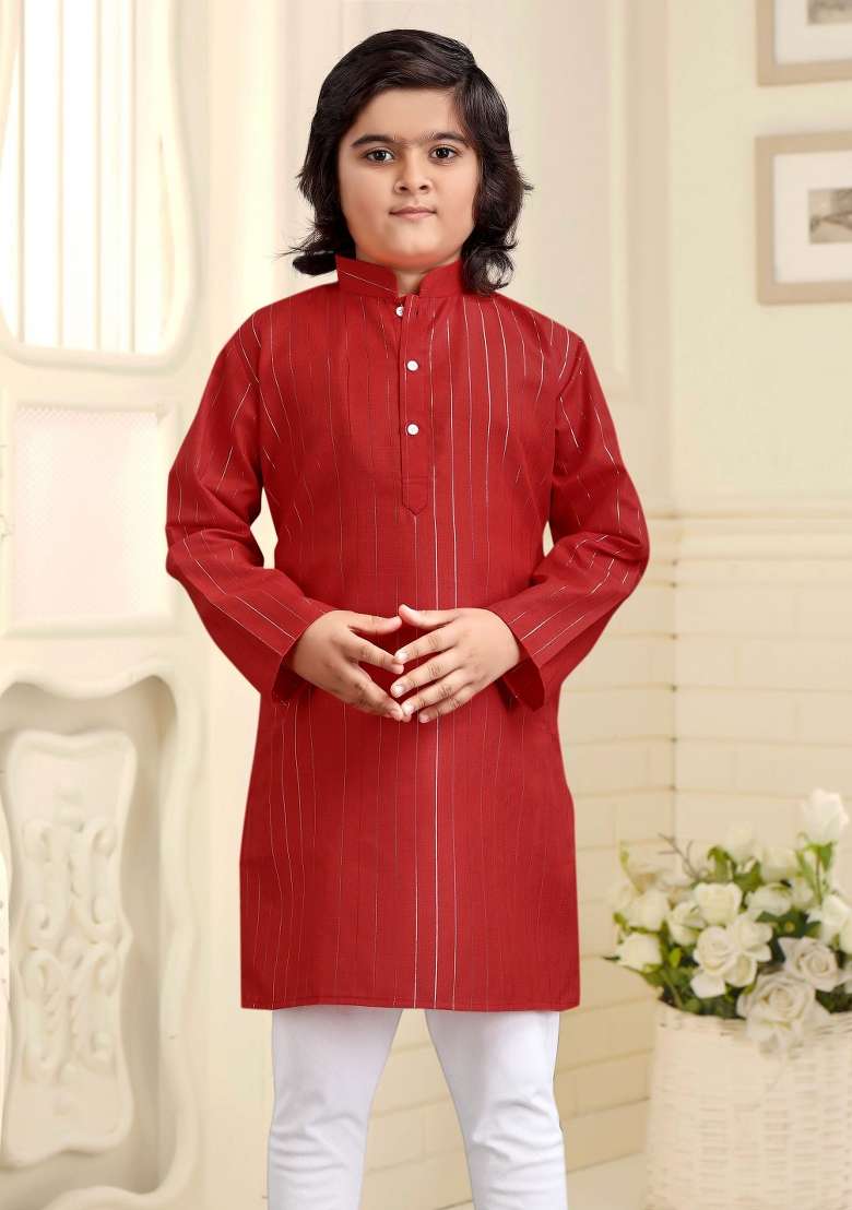 Red Embroidered Cotton Kurta With Pyjama For Boys - Indya