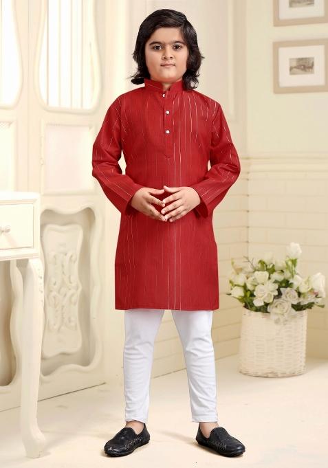 Red Embroidered Cotton Kurta With Pyjama For Boys