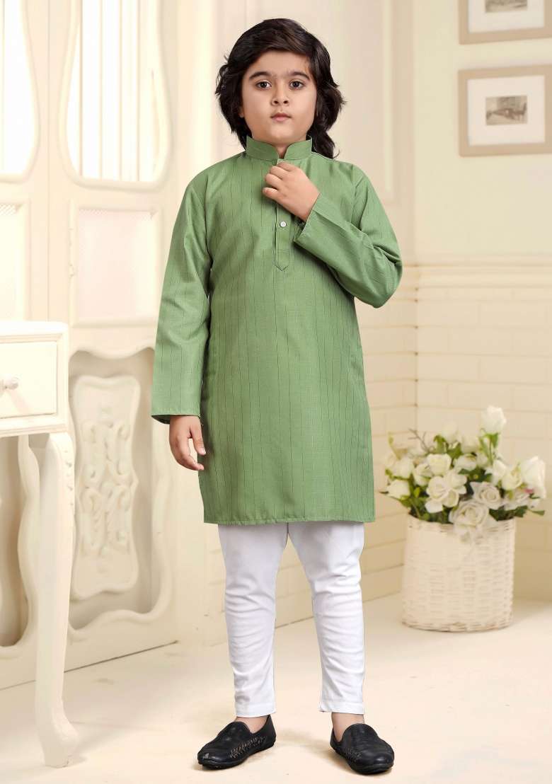 Mint Green Embroidered Cotton Kurta With Pyjama For Boys - Indya