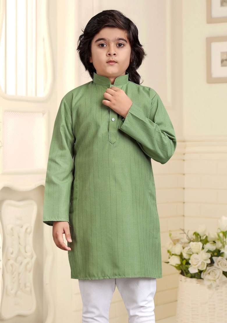 Mint Green Embroidered Cotton Kurta With Pyjama For Boys - Indya