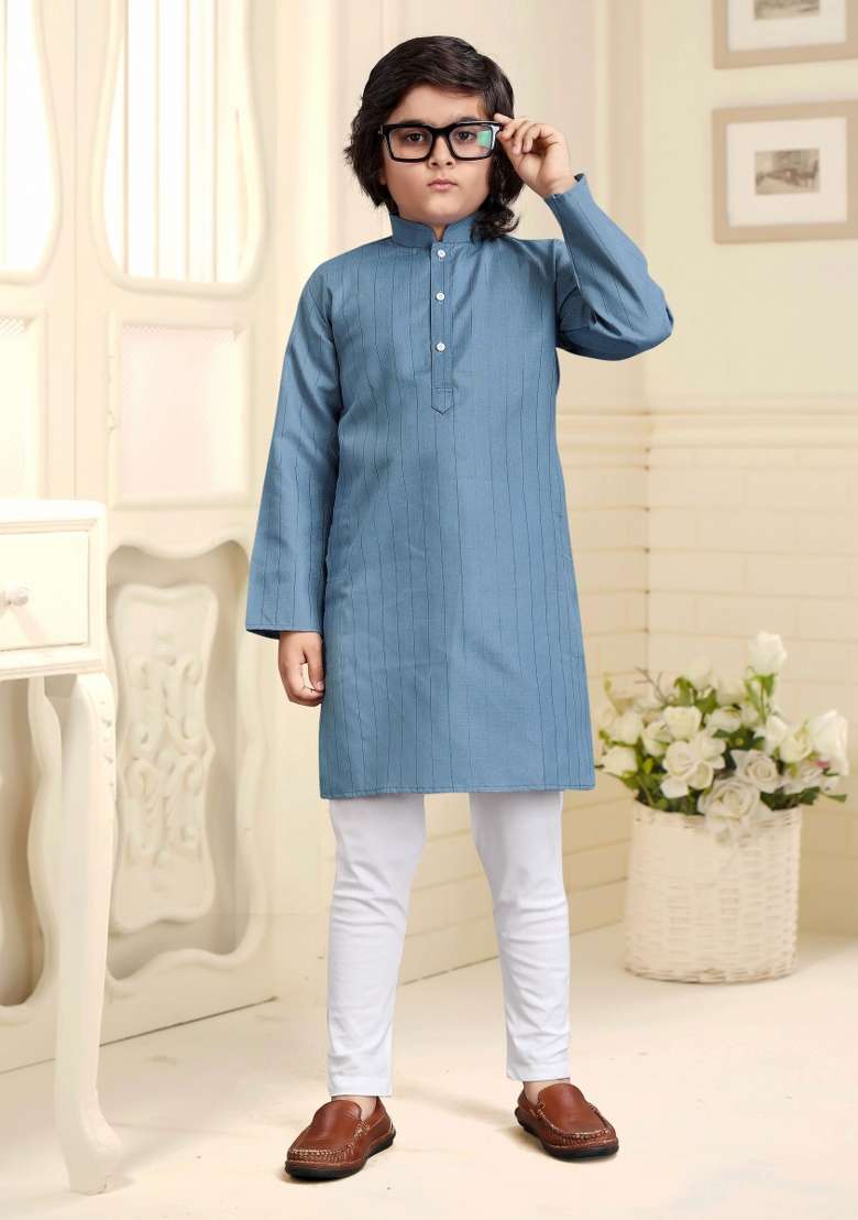 Charcoal Embroidered Cotton Kurta With Pyjama For Boys - Indya