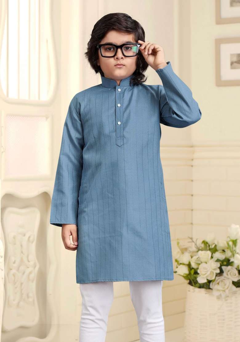 Charcoal Embroidered Cotton Kurta With Pyjama For Boys - Indya