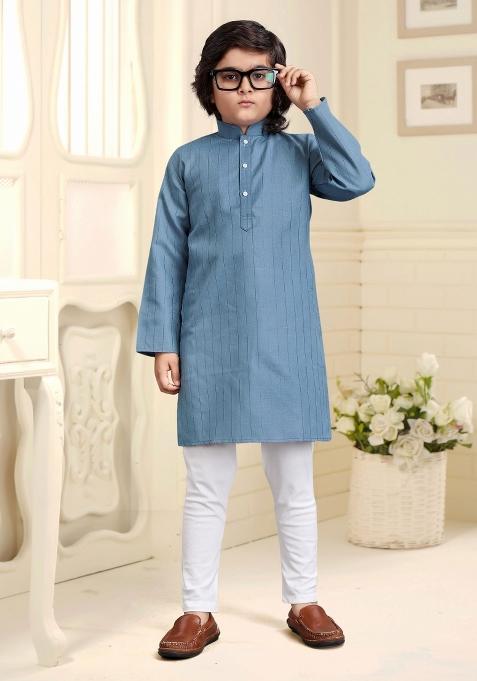 Charcoal Embroidered Cotton Kurta With Pyjama For Boys