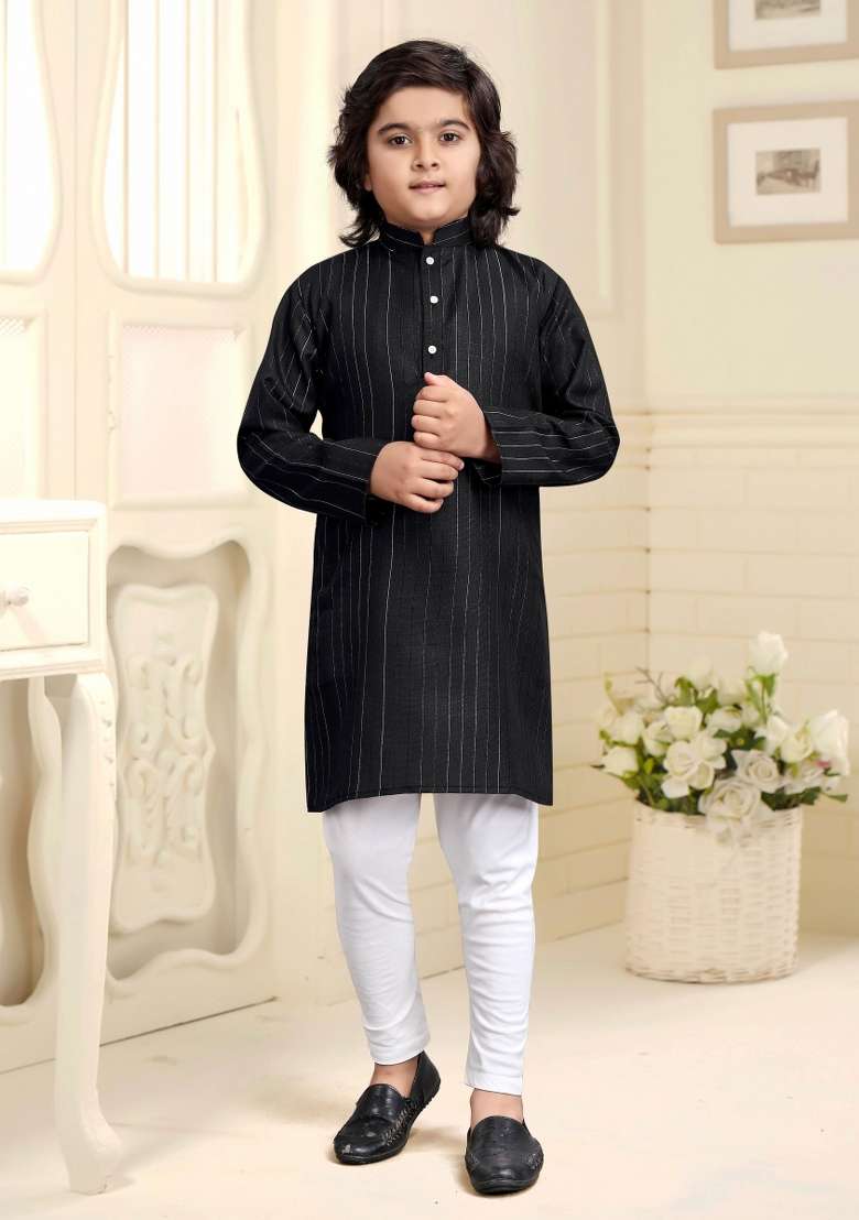 Black Embroidered Cotton Kurta With Pyjama For Boys - Indya
