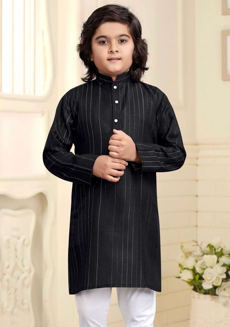 Black Embroidered Cotton Kurta With Pyjama For Boys - Indya
