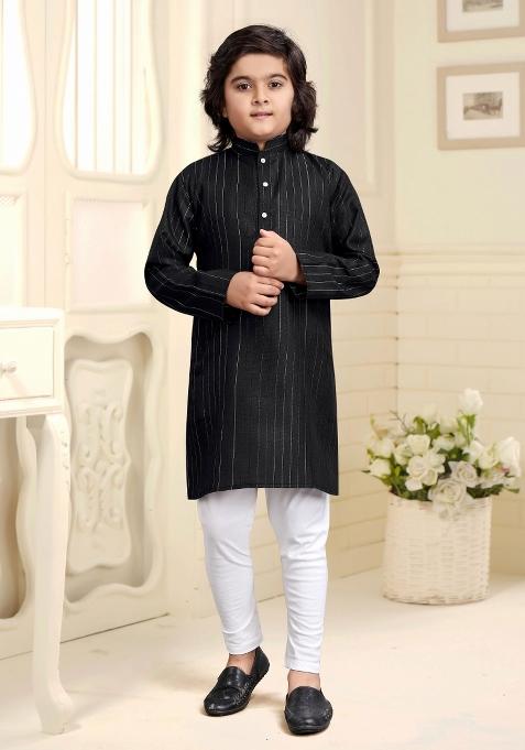 Black Embroidered Cotton Kurta With Pyjama For Boys
