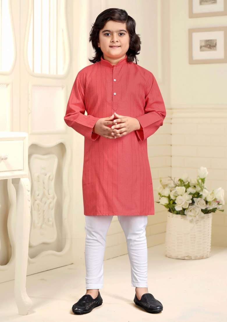 Peach Embroidered Cotton Kurta With Pyjama For Boys - Indya