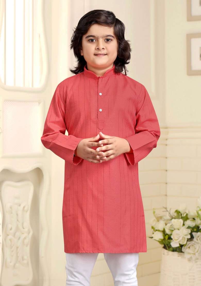 Peach Embroidered Cotton Kurta With Pyjama For Boys - Indya