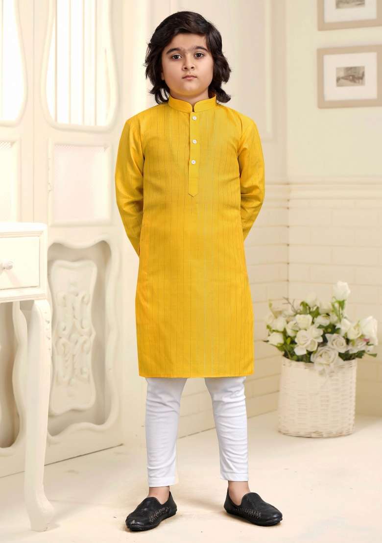 Yellow Embroidered Cotton Kurta With Pyjama For Boys - Indya