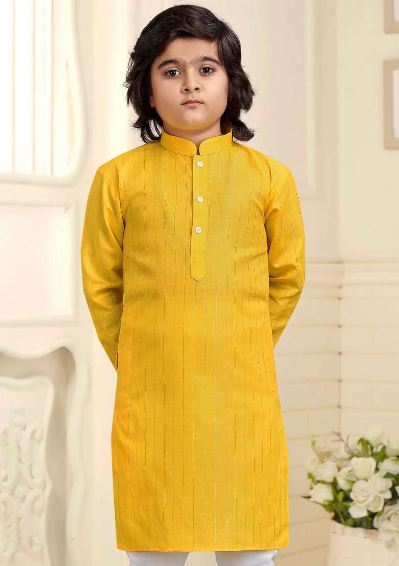Yellow Embroidered Cotton Kurta With Pyjama For Boys - Indya
