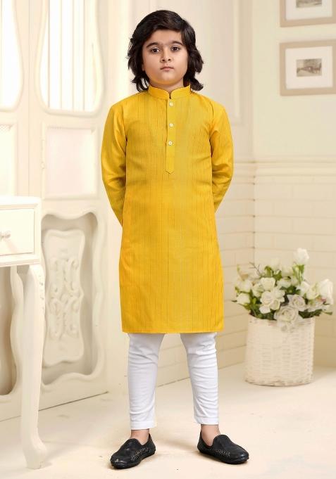 Yellow Embroidered Cotton Kurta With Pyjama For Boys