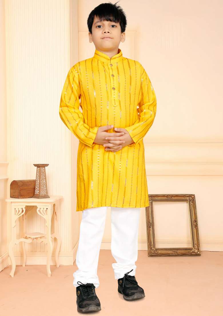 Yellow Sequins Work Cotton Kurta With Pyjama For Boys - Indya