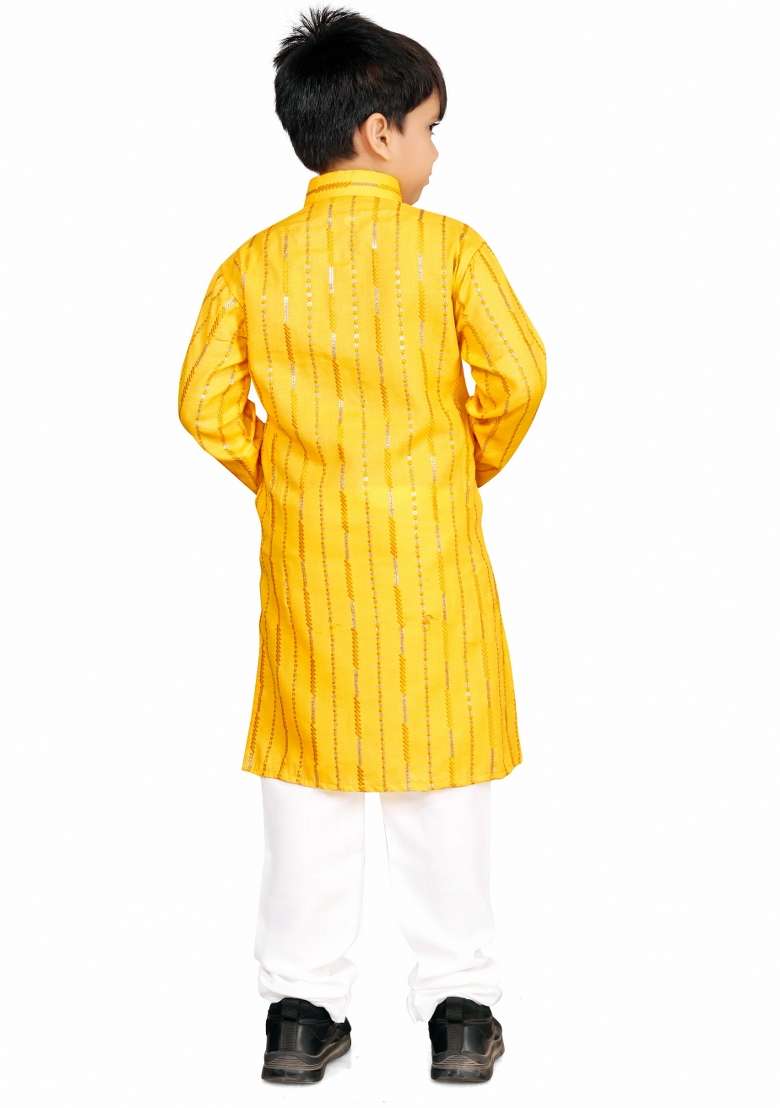 Yellow Sequins Work Cotton Kurta With Pyjama For Boys - Indya