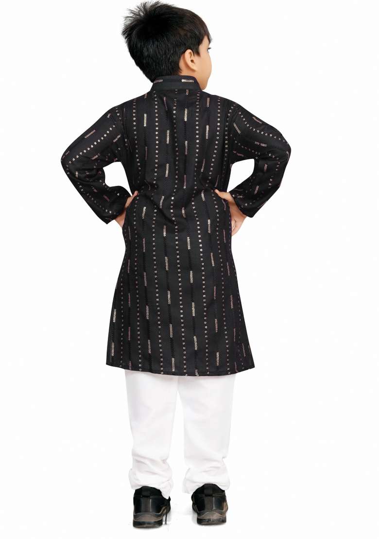 Black Sequins Work Cotton Kurta With Pyjama For Boys - Indya