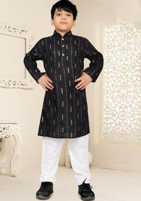 Black Sequins Work Cotton Kurta With Pyjama For Boys