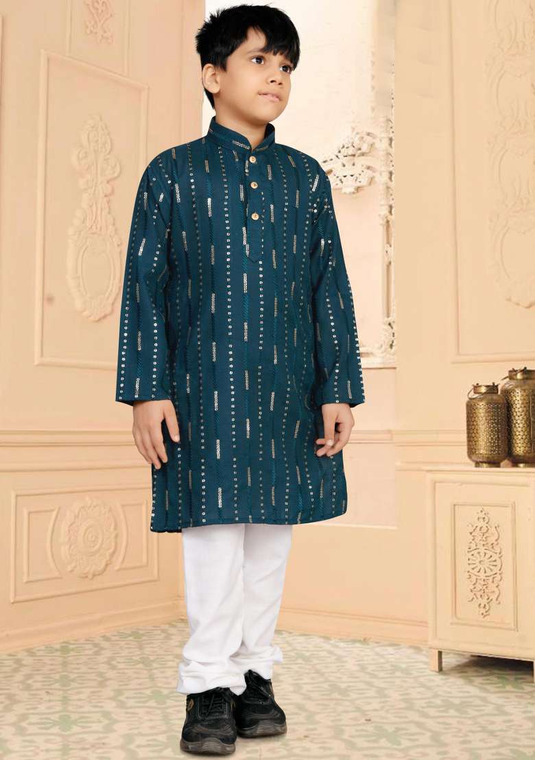 Rama Sequins Work Cotton Kurta With Pyjama For Boys - Indya