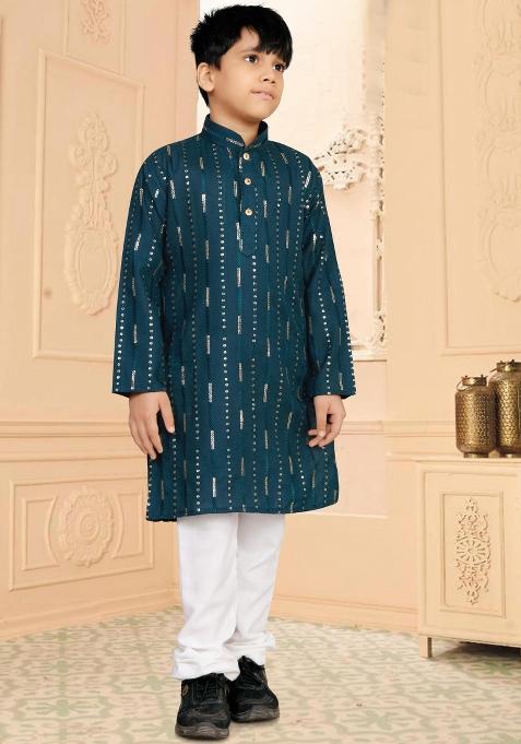 Rama Sequins Work Cotton Kurta With Pyjama For Boys