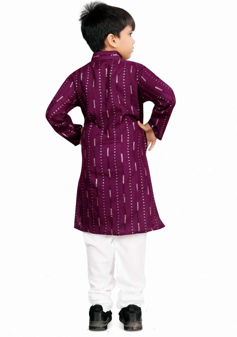 Wine Sequins Work Cotton Kurta With Pyjama For Boys - Indya