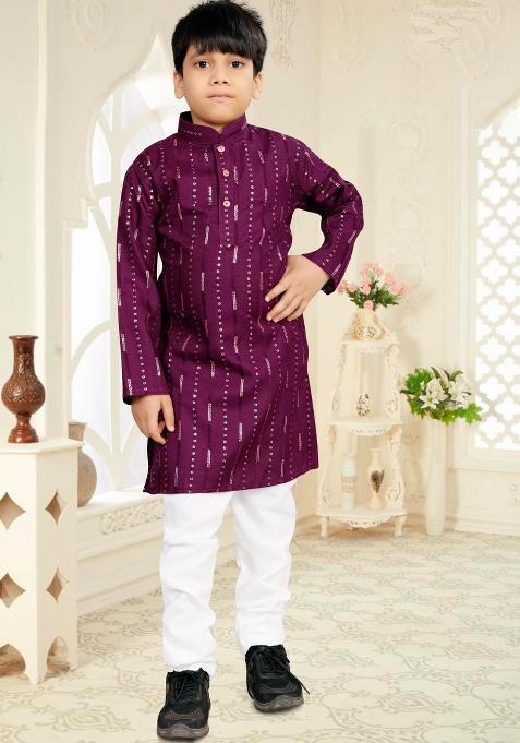 Wine Sequins Work Cotton Kurta With Pyjama For Boys