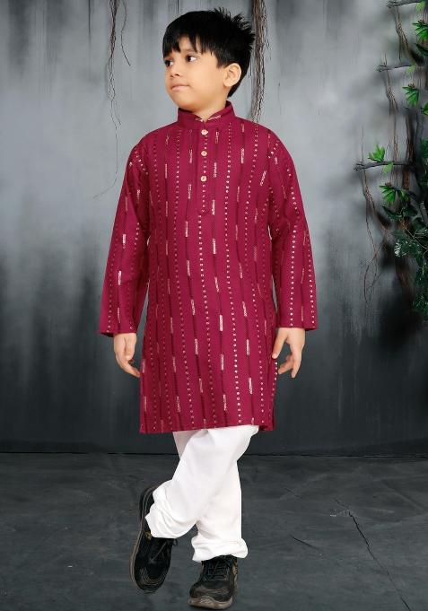Maroon Sequins Work Cotton Kurta With Pyjama For Boys